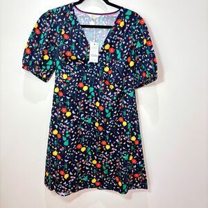 Boden NWT Navy Blue Floral Mini Dress 12 Cotton Puff Sleeves Spring Mod Garden